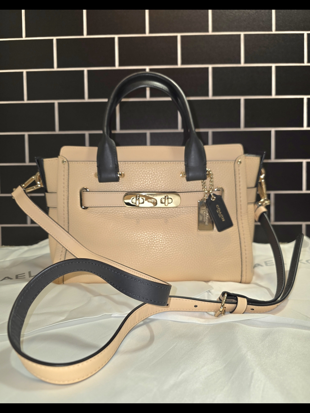 Coach Pebbled Leather Swagger 27 in Peach Salmon and Black (Style 34417) - Picture 1 of 16